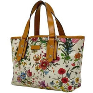 Gucci Flora Flower Tote Bag Handbag Floral Canvas White Multicolor